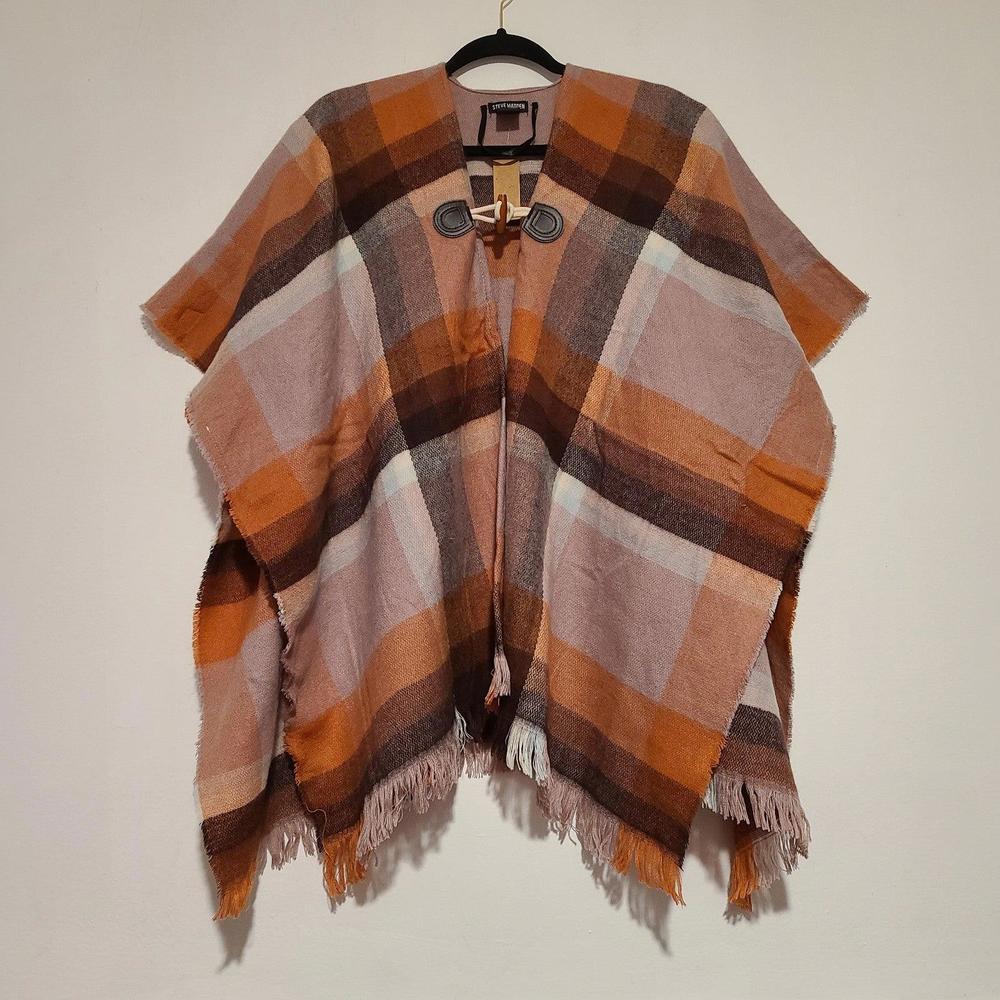 NWT Women's Steve Madden Orange Plaid Poncho Kimono Wrap Cardigan OSFM One Size